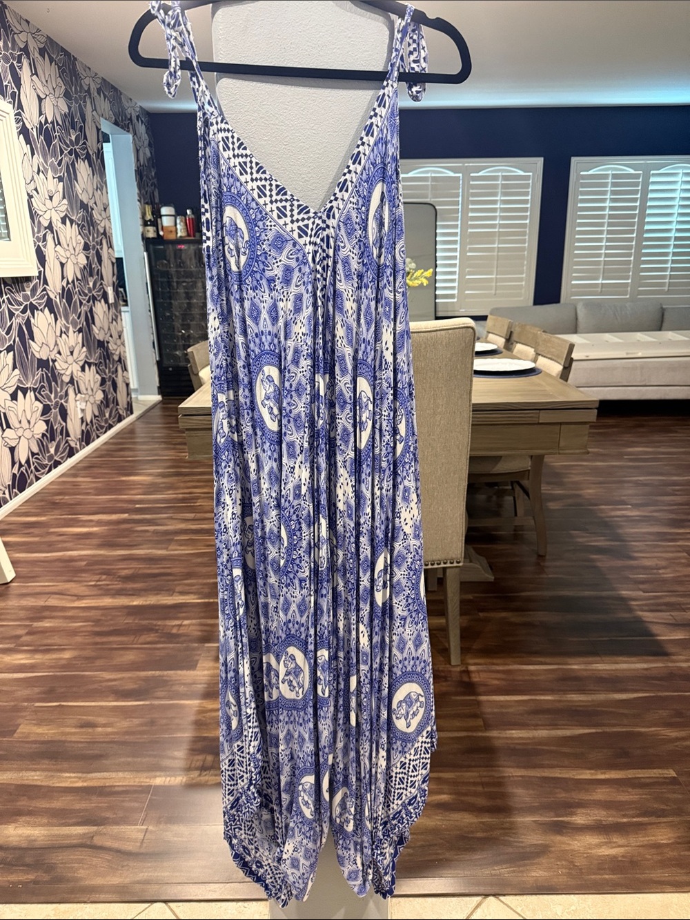 Blue Printed Tie-Shoulder Jumpsuit